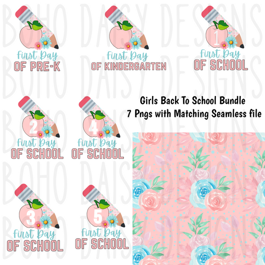 Girl First Day of School PNG & Seamlss file Bundle