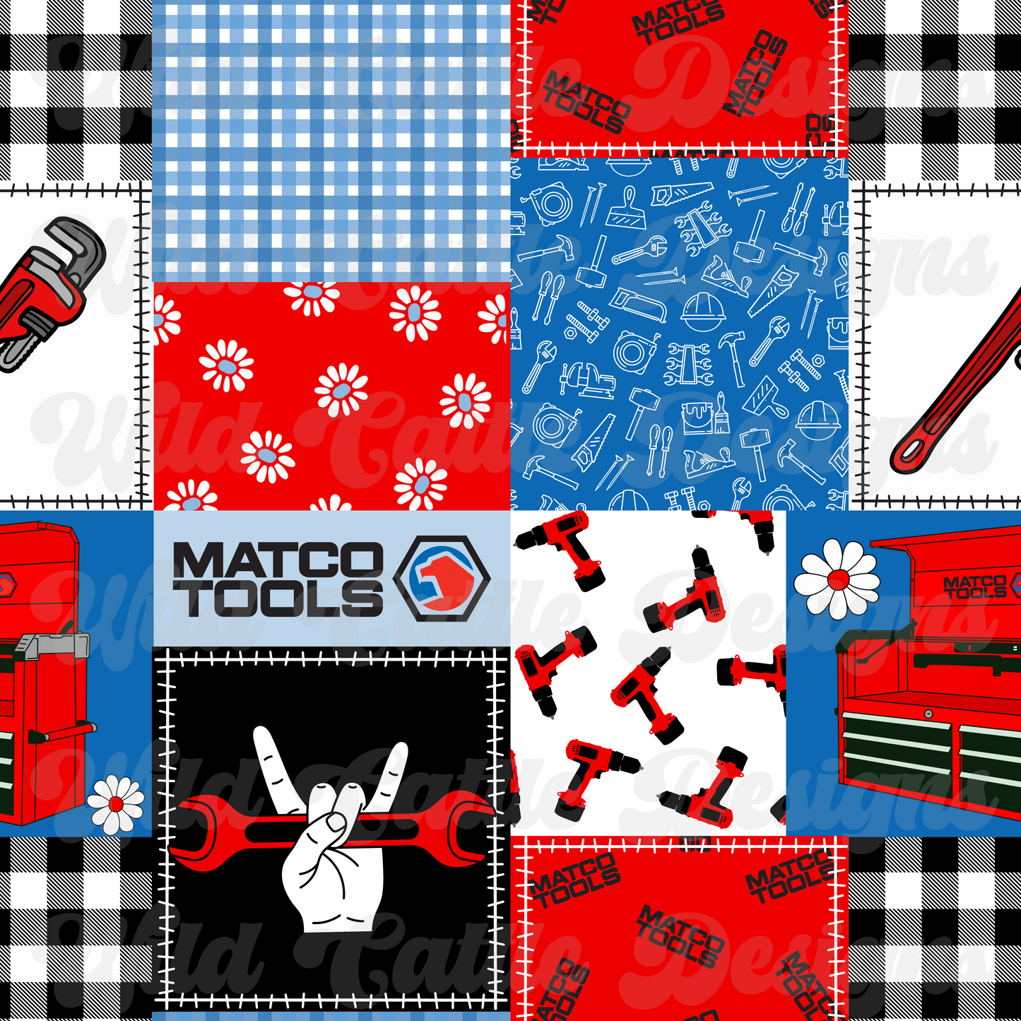 Red Blue Girly Tools Patchwork