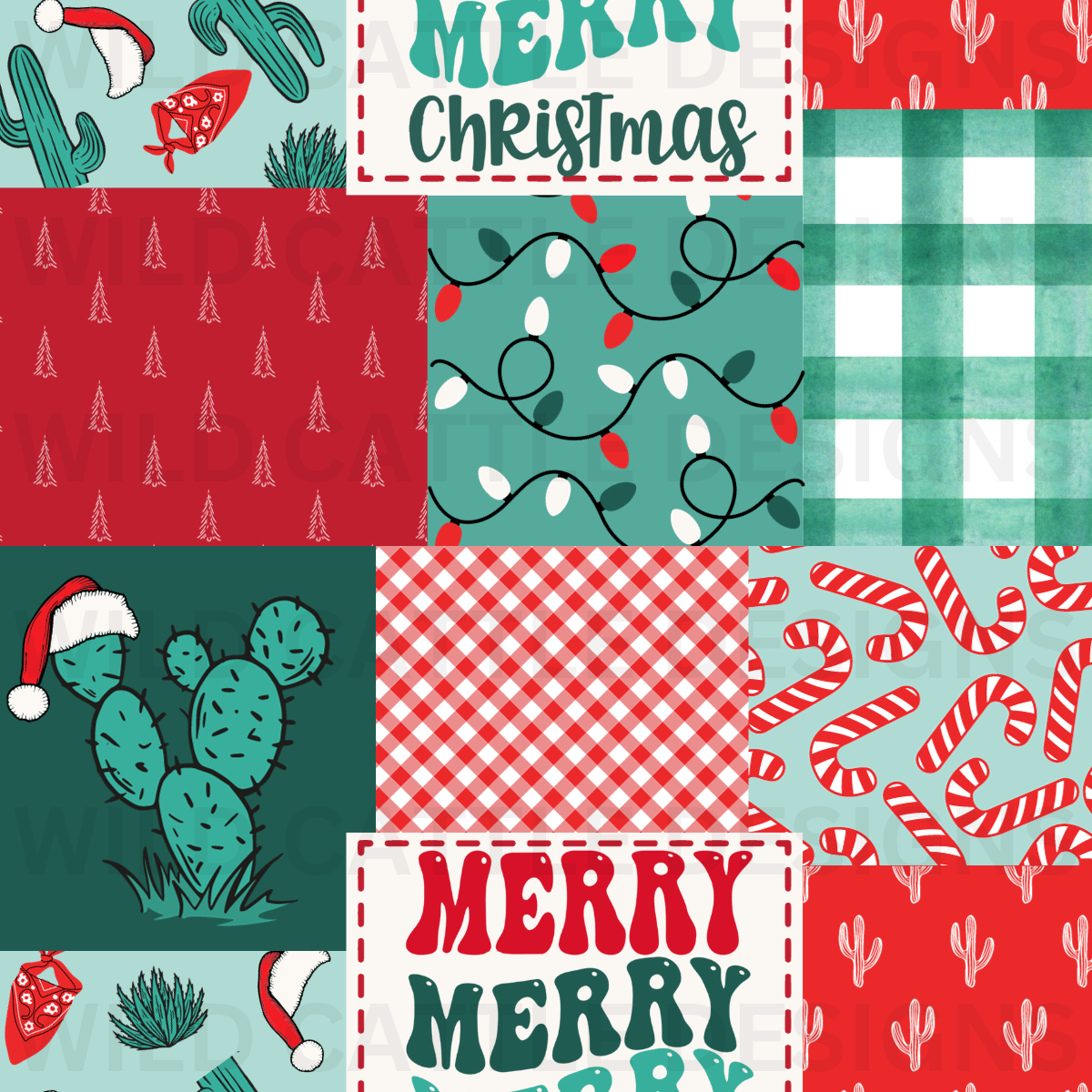 Blue Merry Merry Christmas Patchwork Seamless