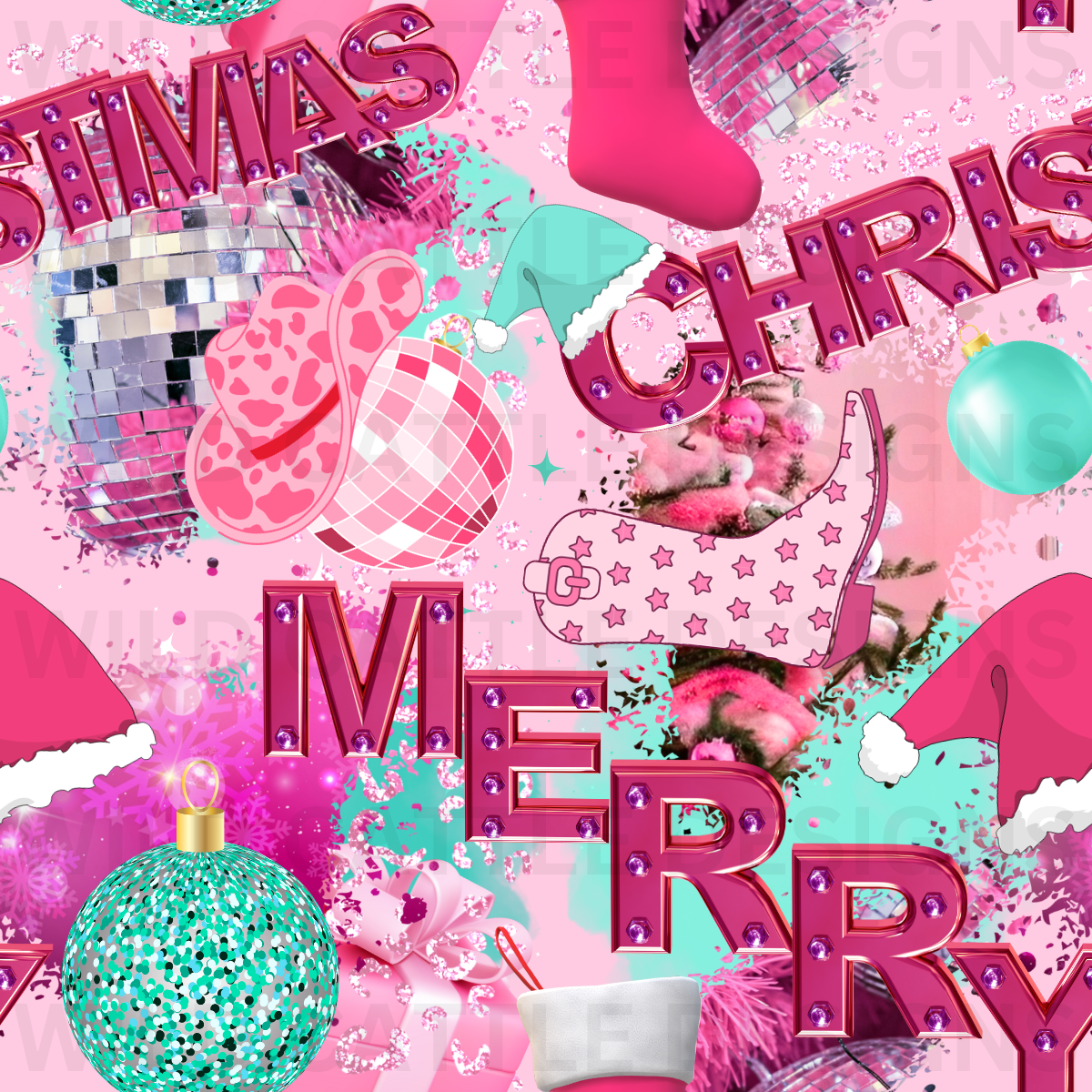 Merry Christmas Pink Collage Seamless