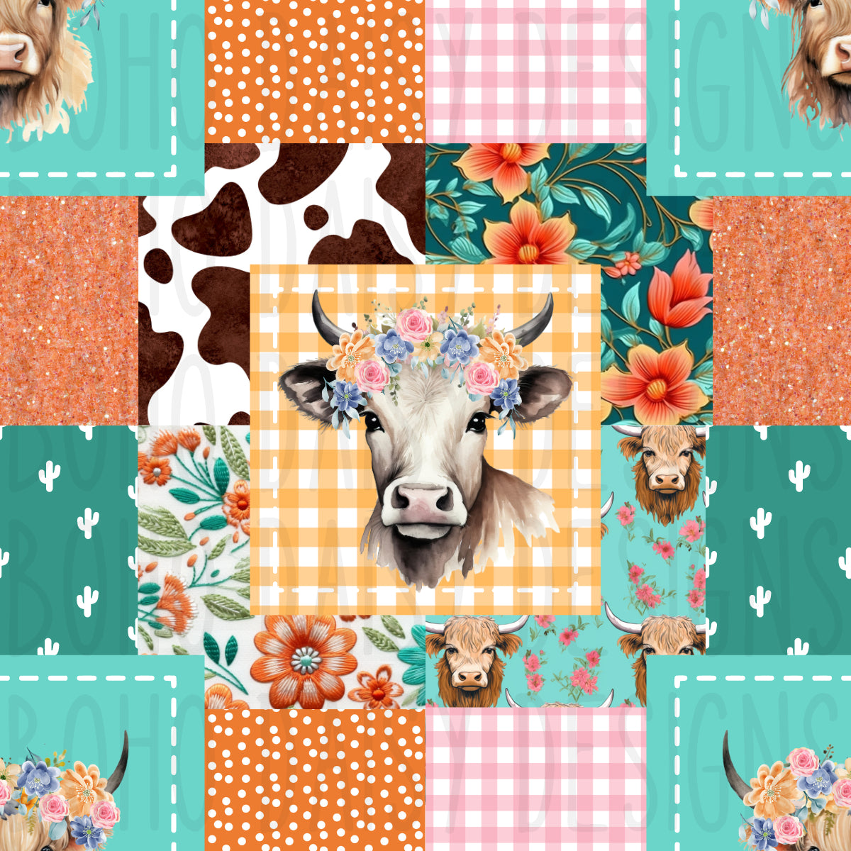 Teal and Coral Cow Patchwork